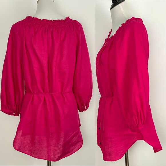 Lauren Ralph Lauren Fuschia Linen Peasant Embroidered Blouse Tie Waist Sz L - Picture 6 of 16